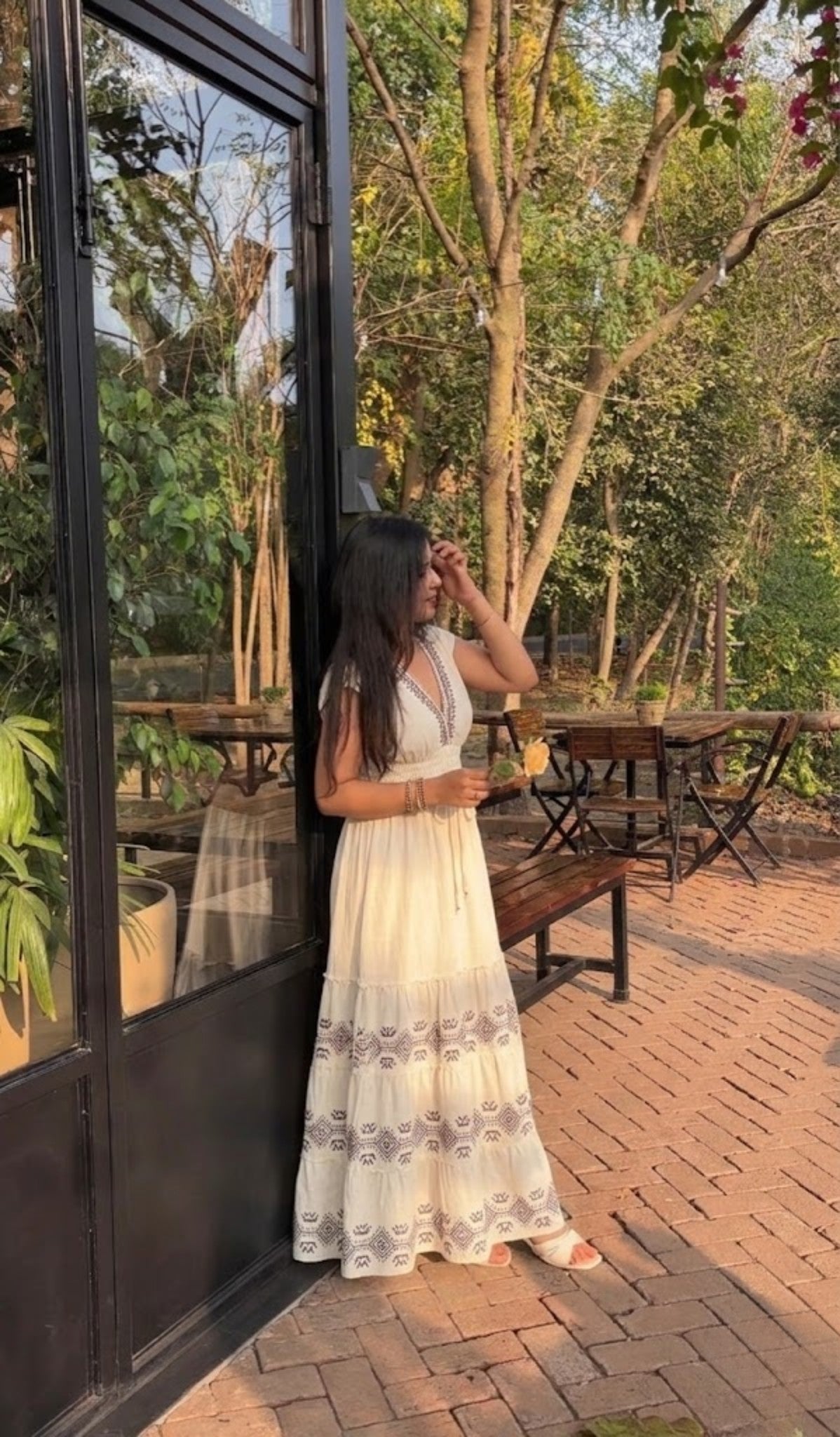 Printed Off-White Linen Dress with Smocked Waist and V-Neck – Linen Cotton Summer Long Dress