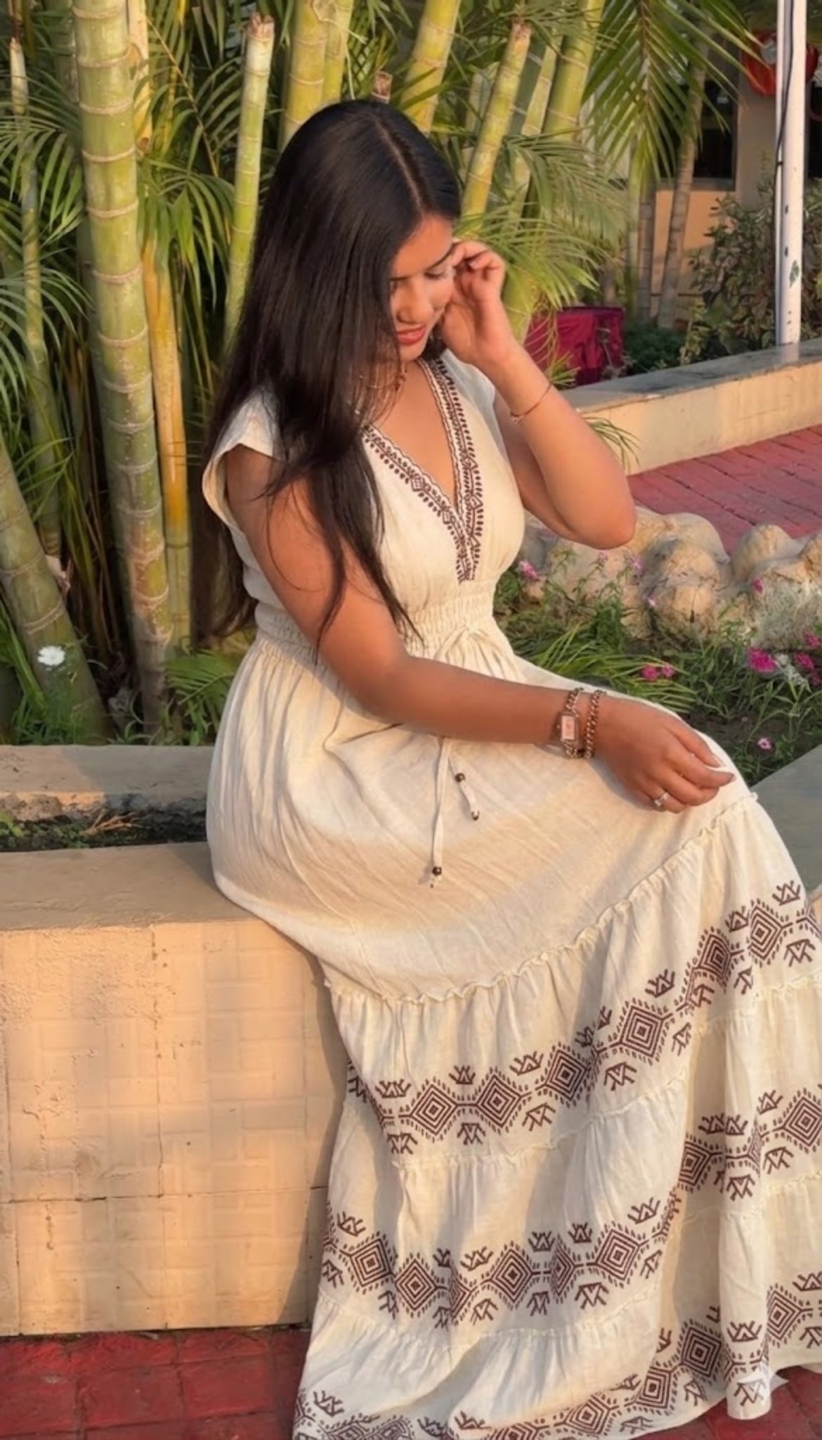 Printed Off-White Linen Dress with Smocked Waist and V-Neck – Linen Cotton Summer Long Dress