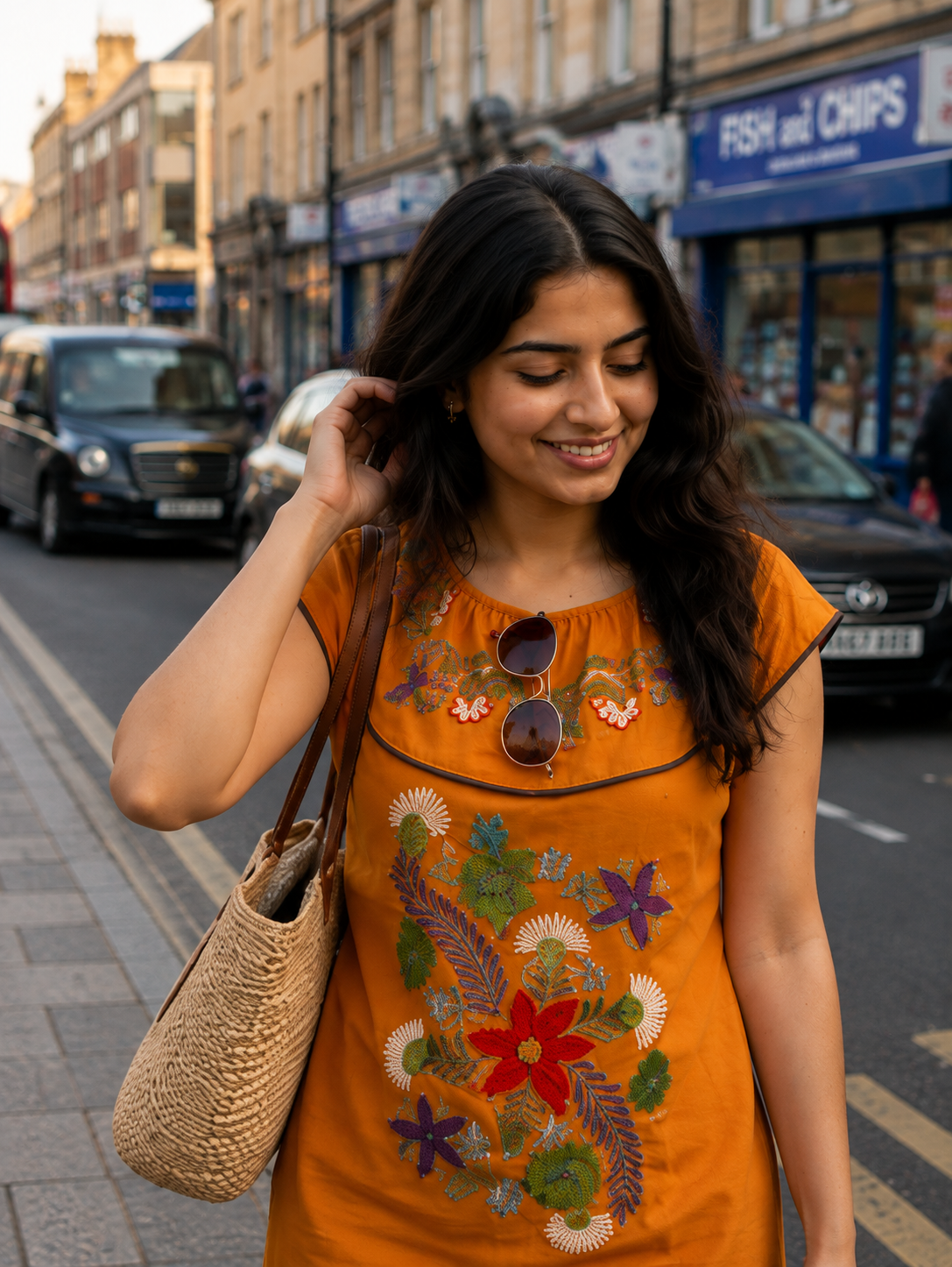 Floral Embroidered Orange Dress for Women