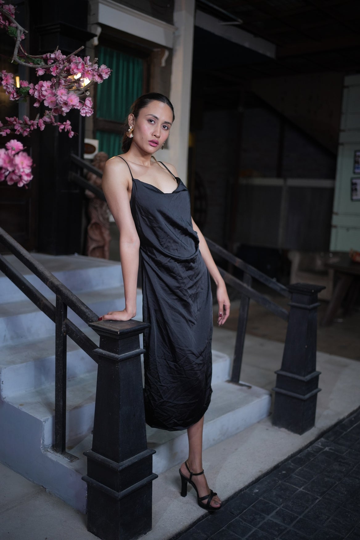 STRAPY BLACK SATIN DRAPE SLIT MIDI DRESS