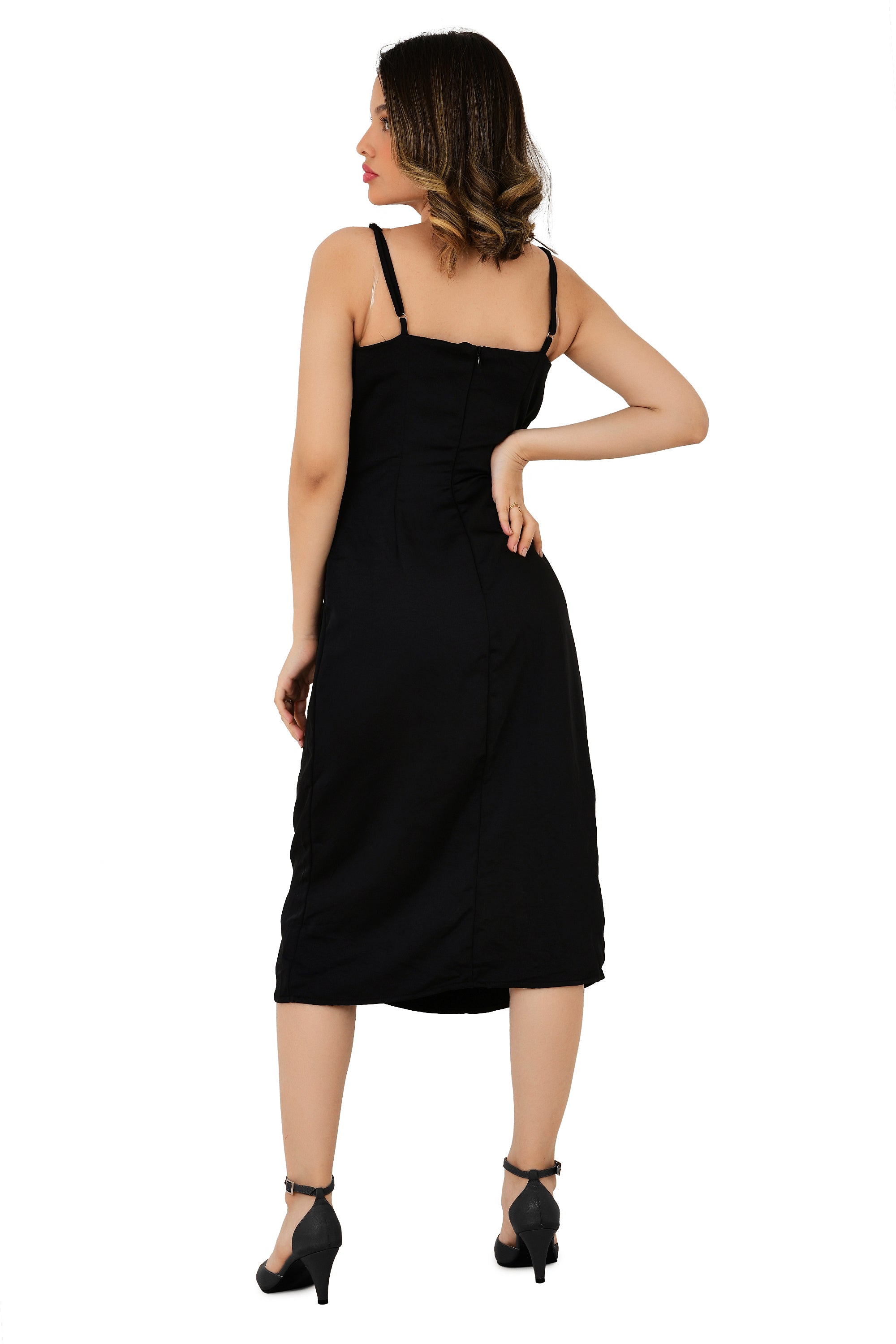 STRAPY BLACK SATIN DRAPE SLIT MIDI DRESS