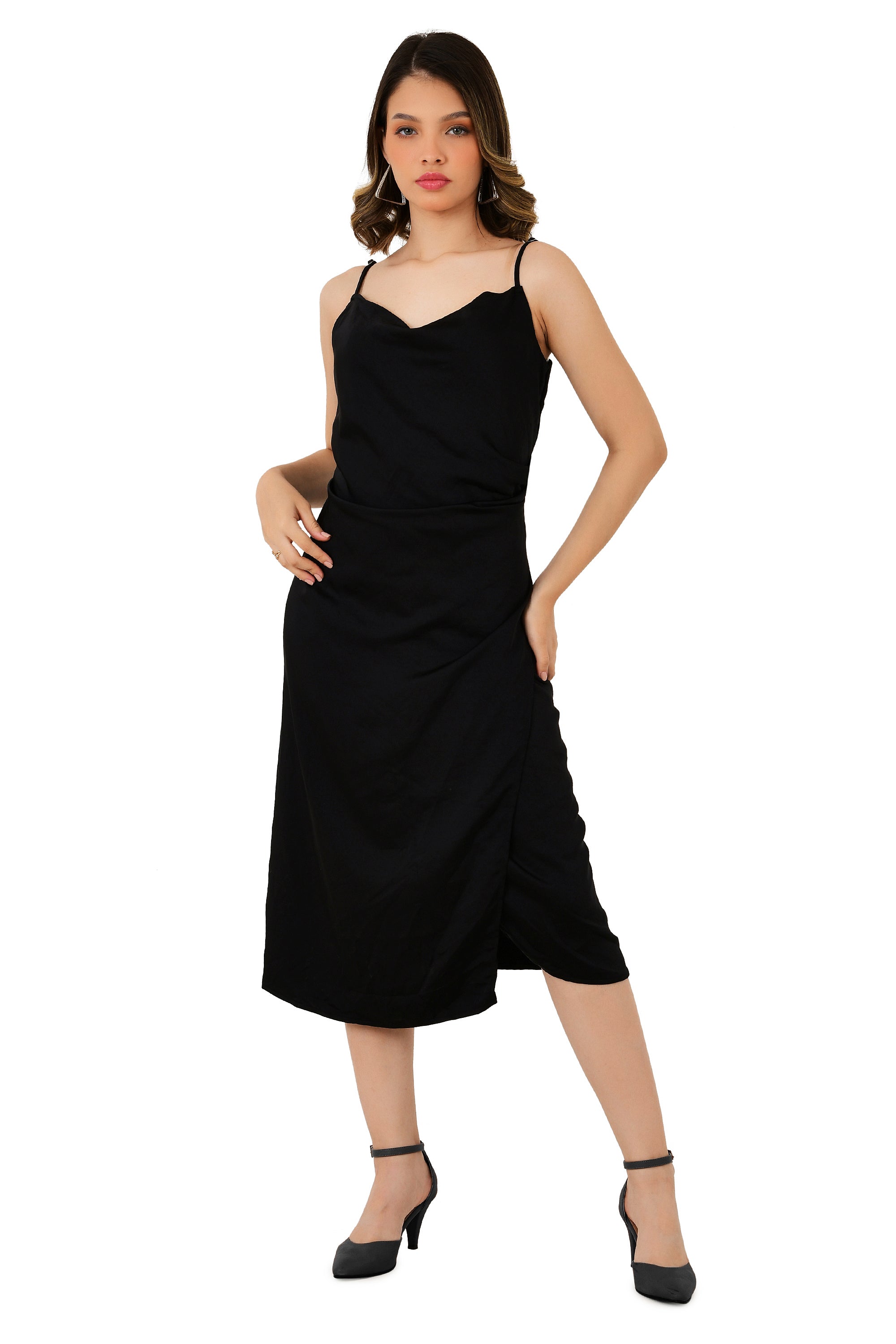 STRAPY BLACK SATIN DRAPE SLIT MIDI DRESS