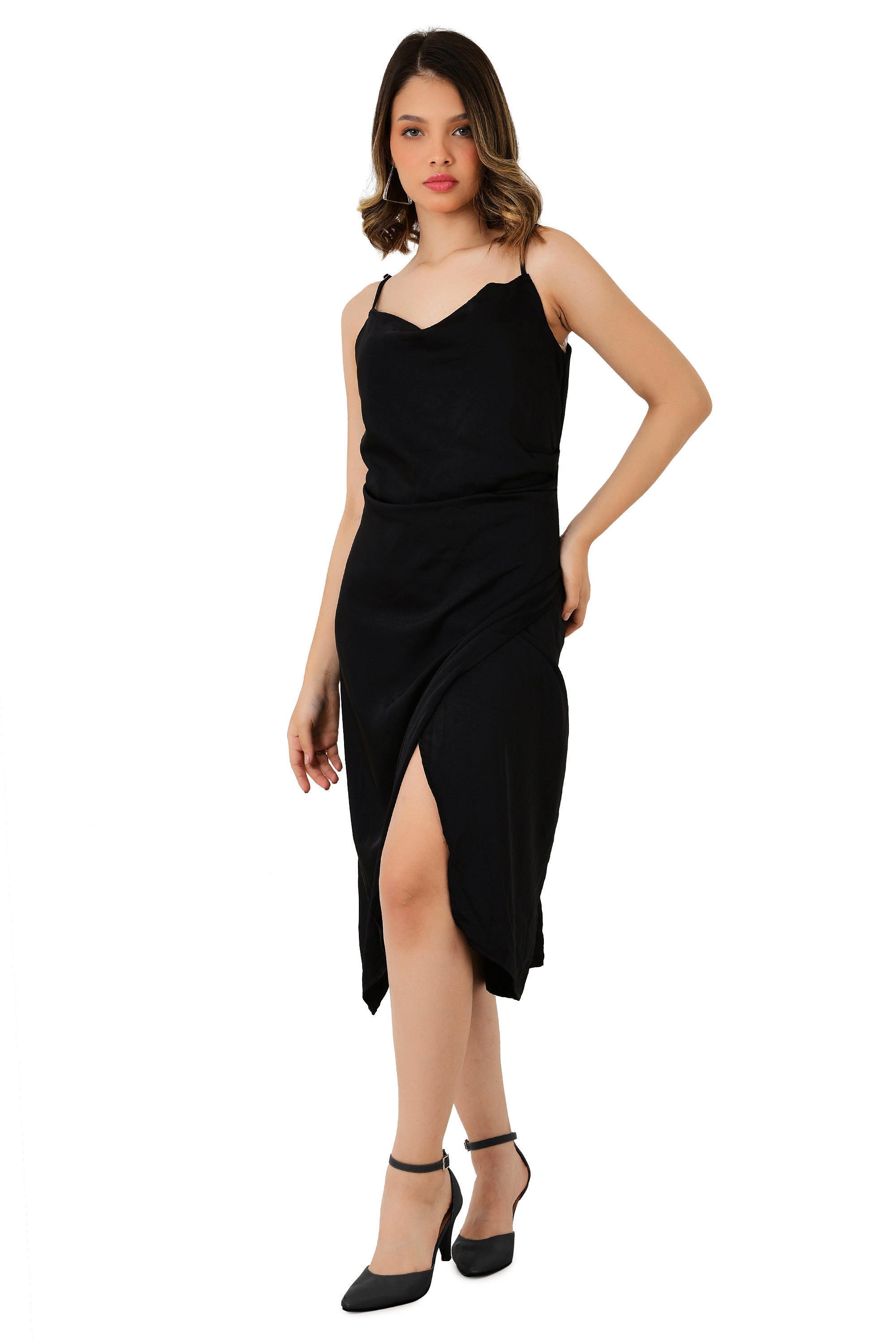 STRAPY BLACK SATIN DRAPE SLIT MIDI DRESS
