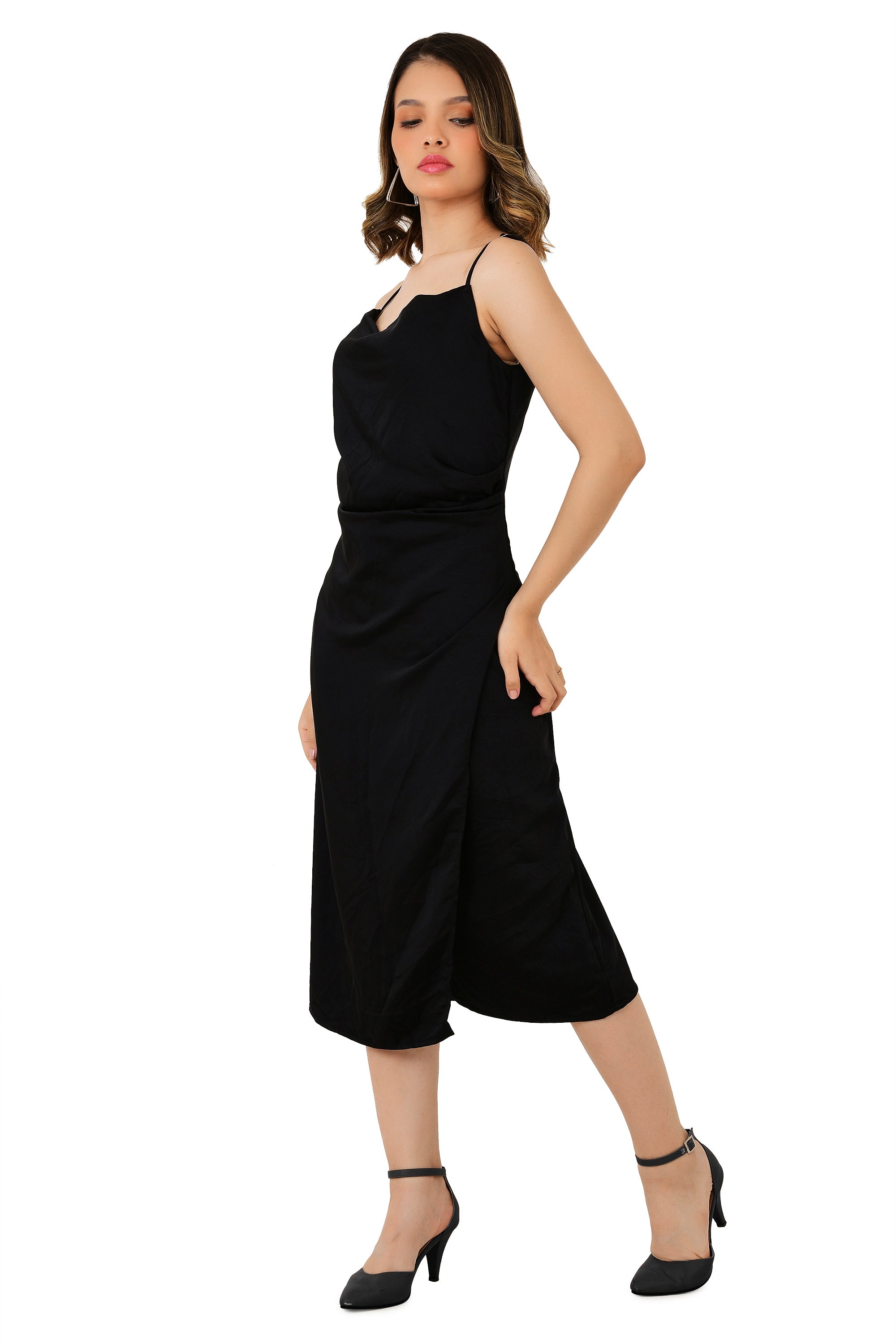 STRAPY BLACK SATIN DRAPE SLIT MIDI DRESS