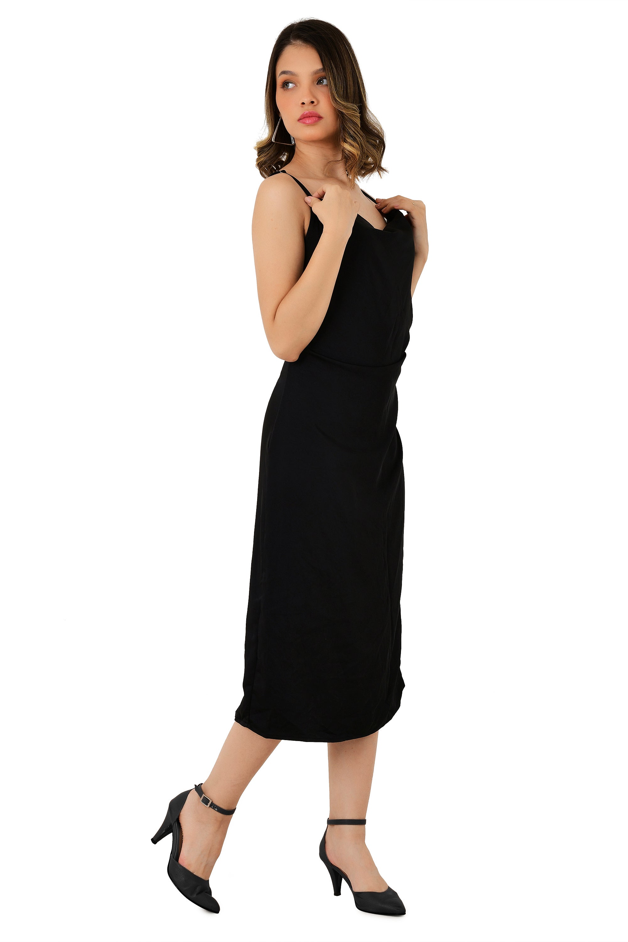 STRAPY BLACK SATIN DRAPE SLIT MIDI DRESS