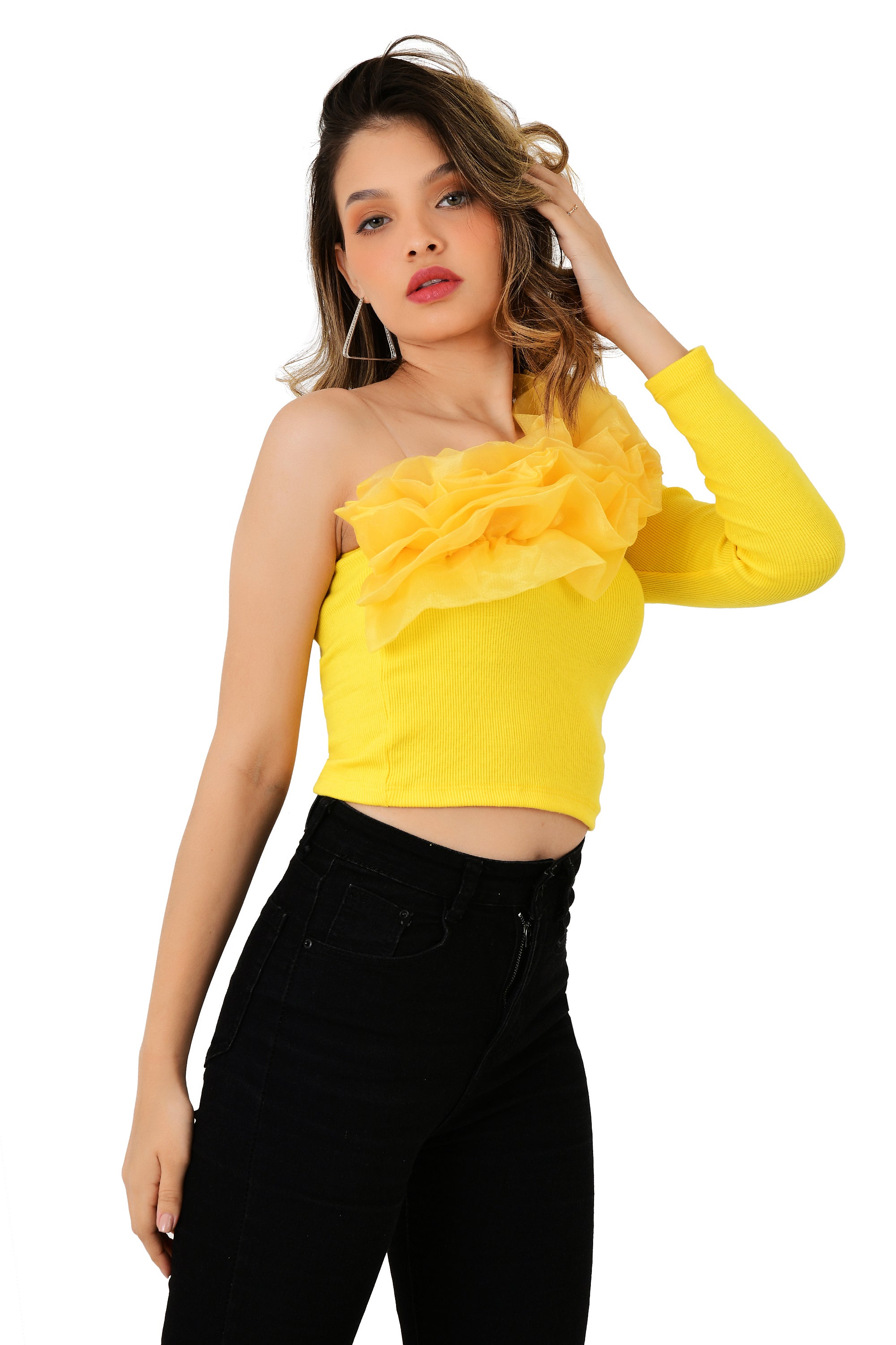 COTTON TOP WITH ORGANZA RUFFLE NECKLINE