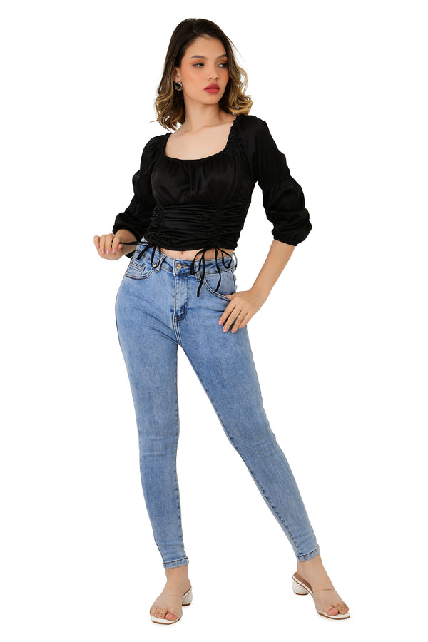 BLACK RUCHED TOP WITH GATHERS ON WAIST