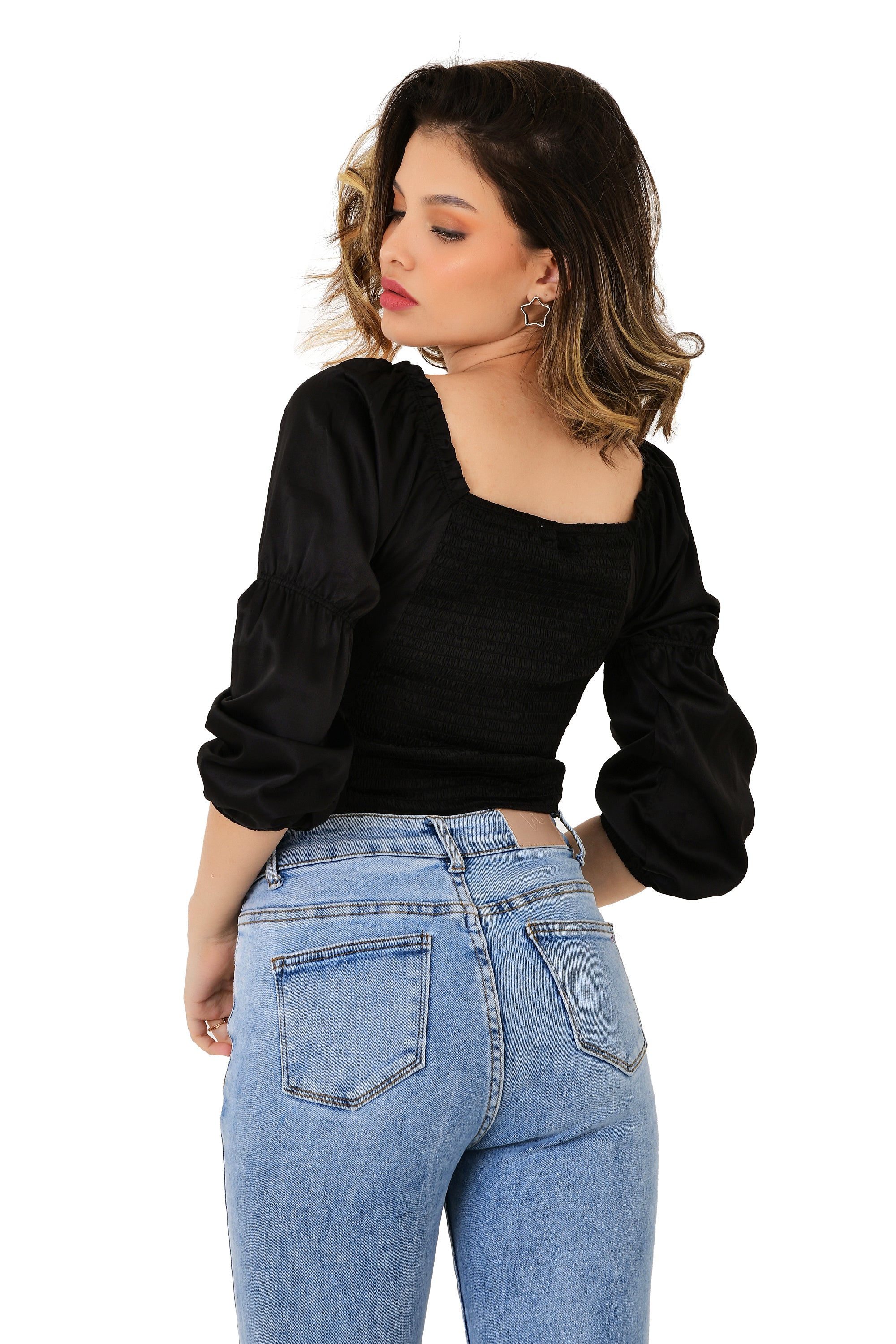 BLACK RUCHED TOP WITH GATHERS ON WAIST