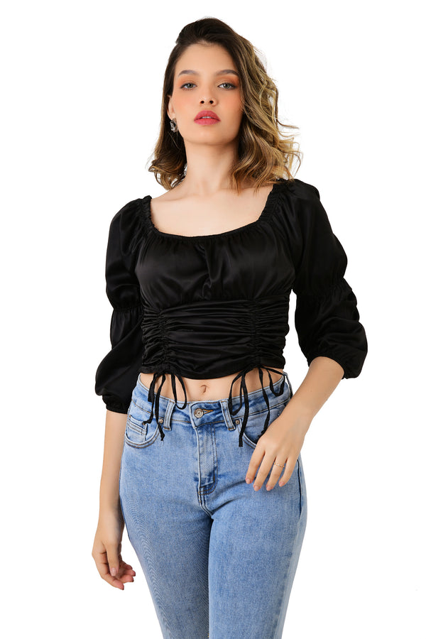 BLACK RUCHED TOP WITH GATHERS ON WAIST