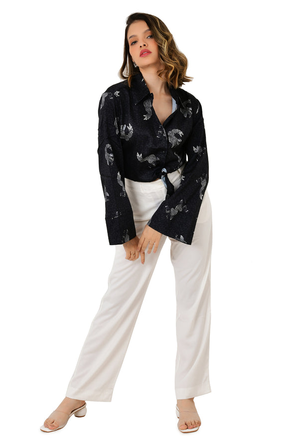 Satin Front Knot Shirt with A-Line Sleeves