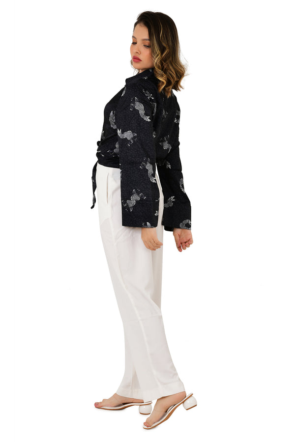 Satin Front Knot Shirt with A-Line Sleeves