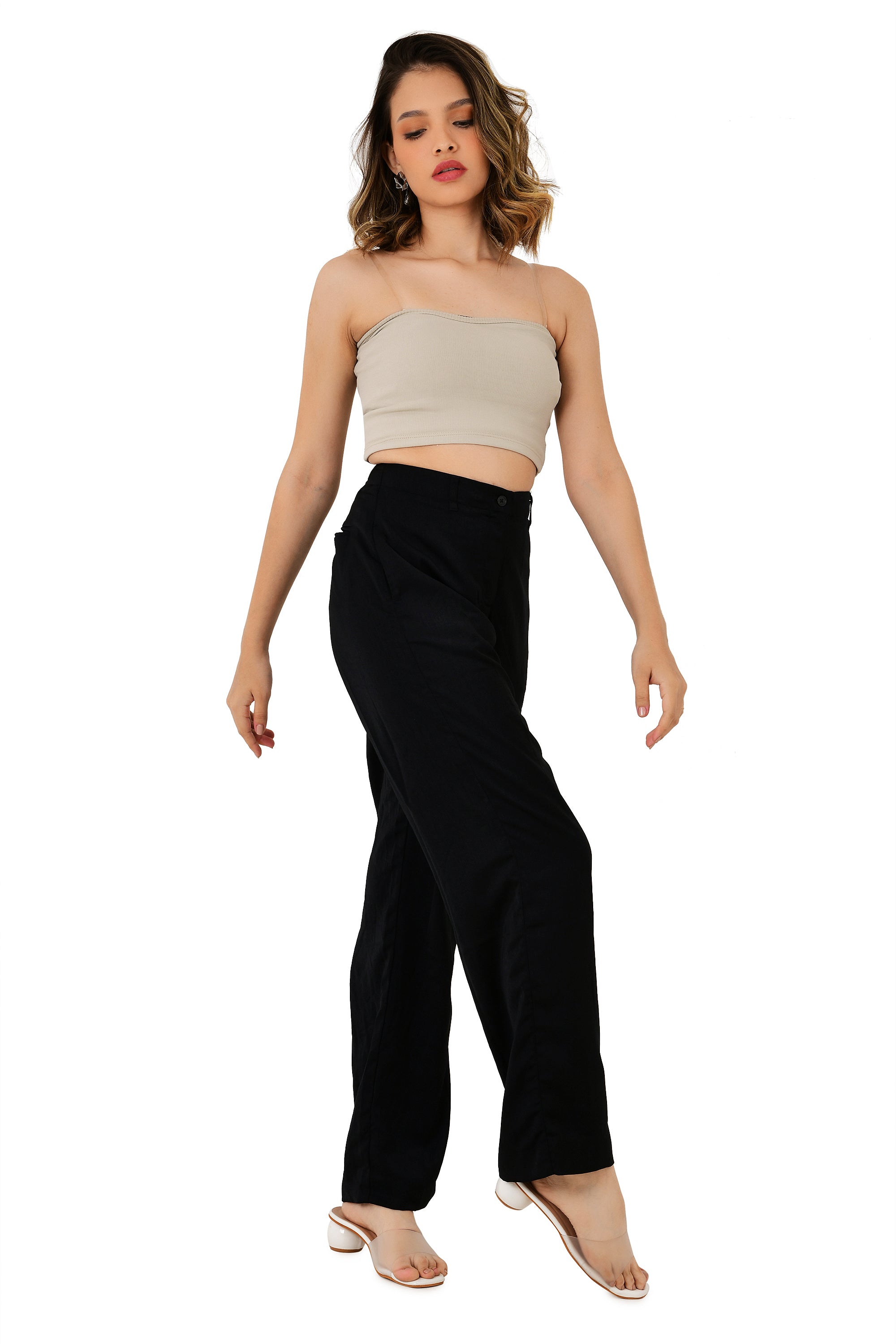 BLACK SATIN A-LINE TROUSERS