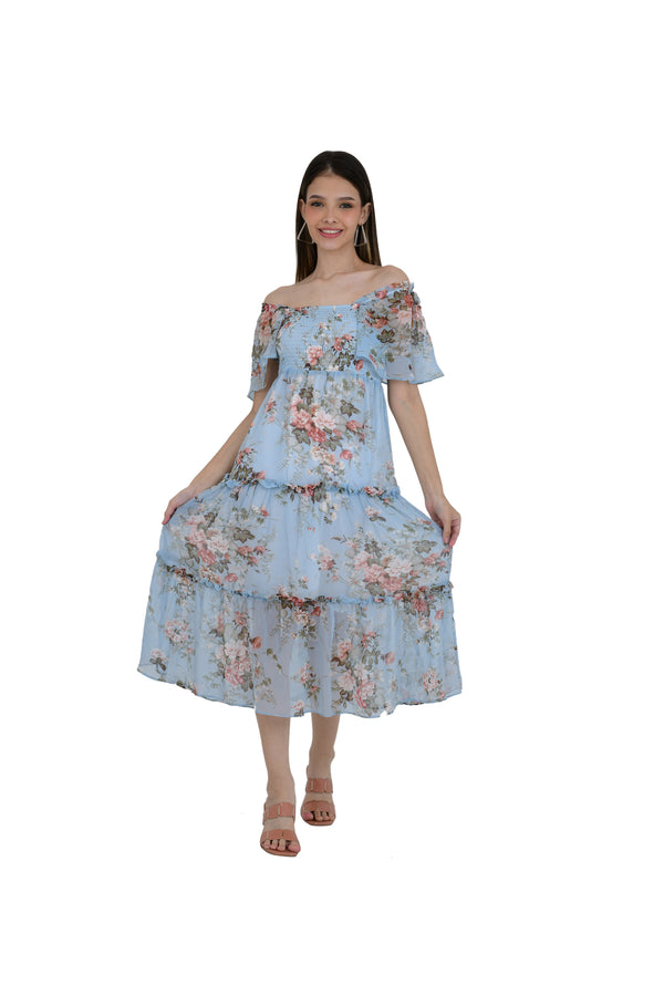 PRINTED LONG ICE BLUE TUNIC DRESS