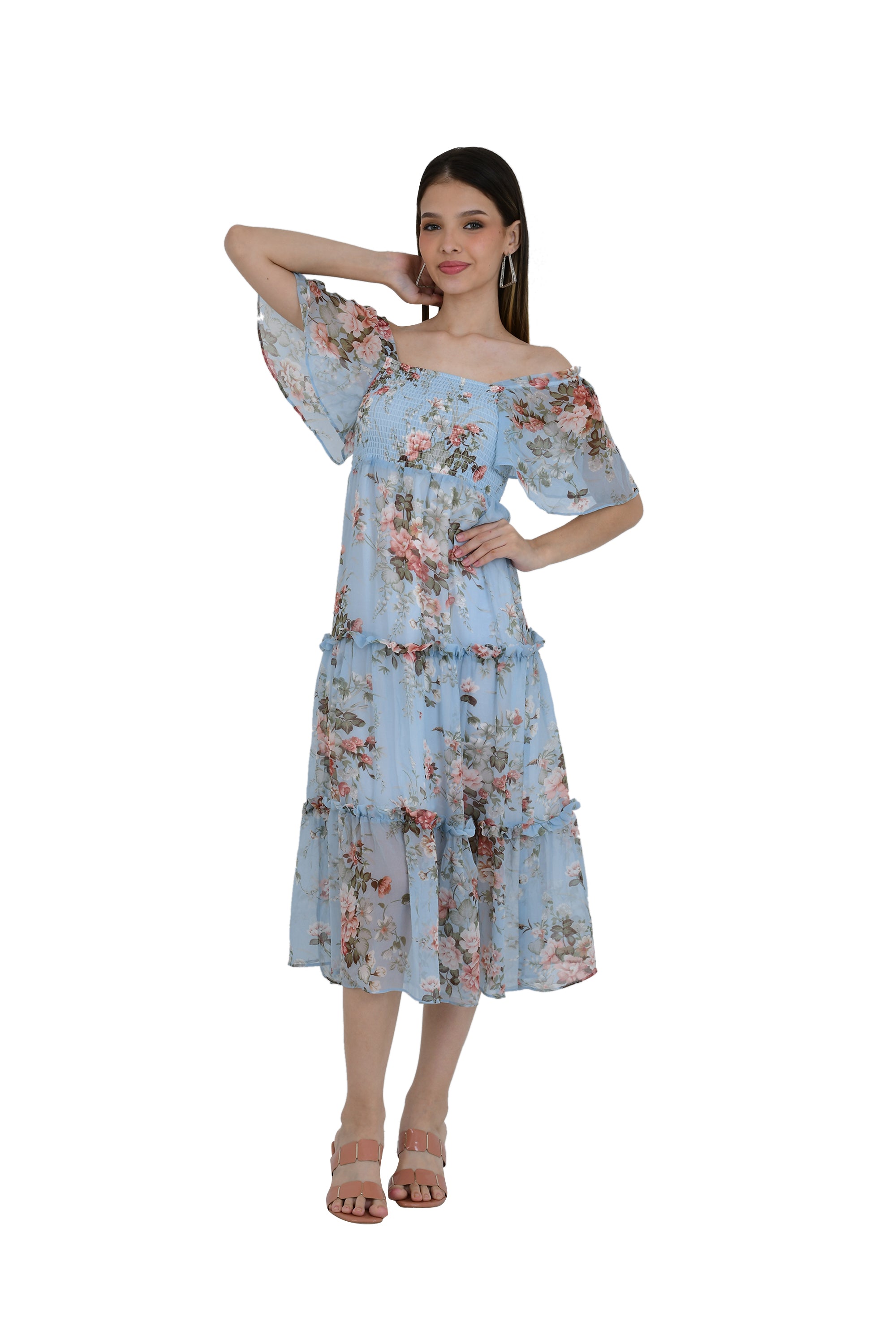 PRINTED LONG ICE BLUE TUNIC DRESS