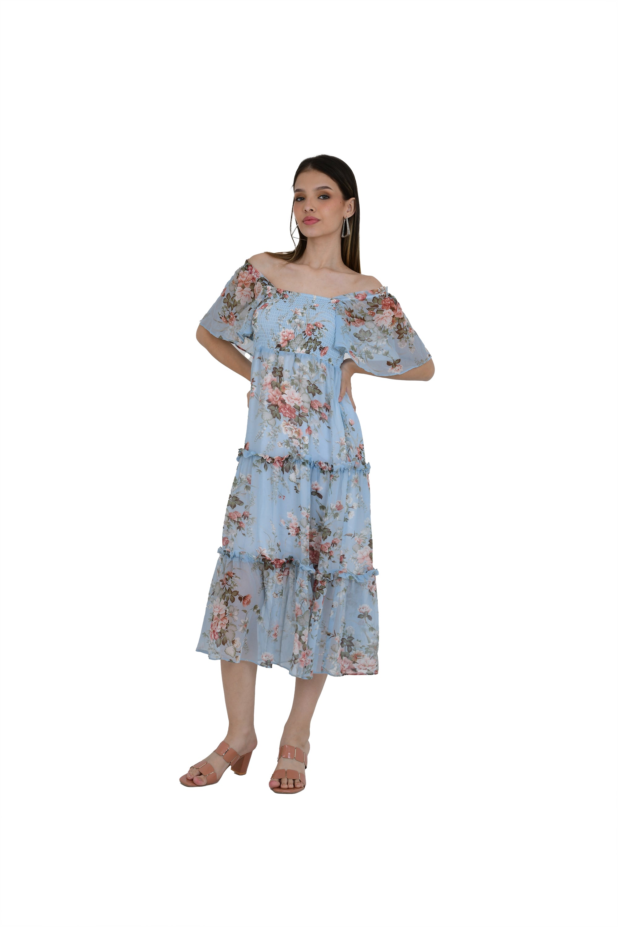 PRINTED LONG ICE BLUE TUNIC DRESS