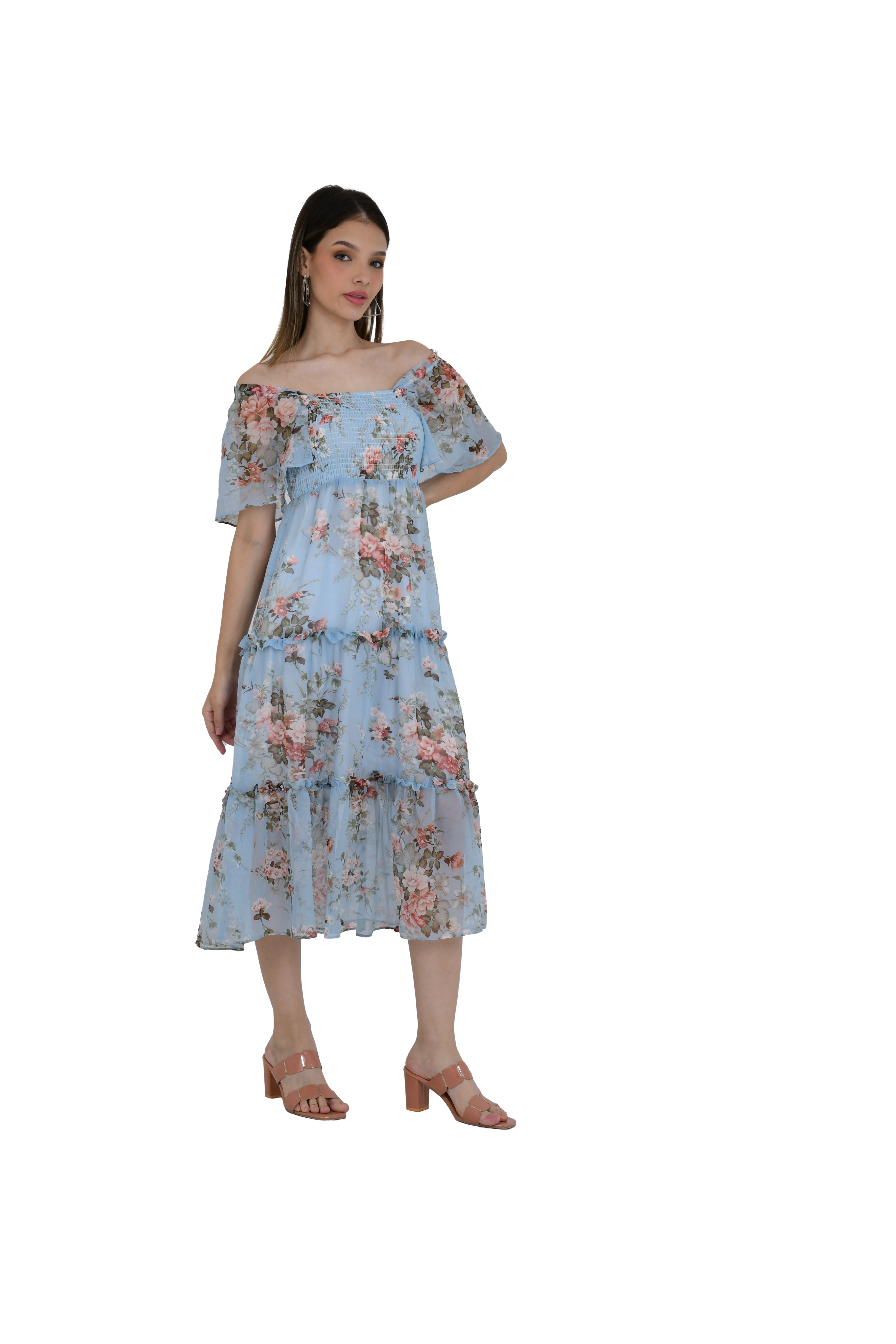 PRINTED LONG ICE BLUE TUNIC DRESS