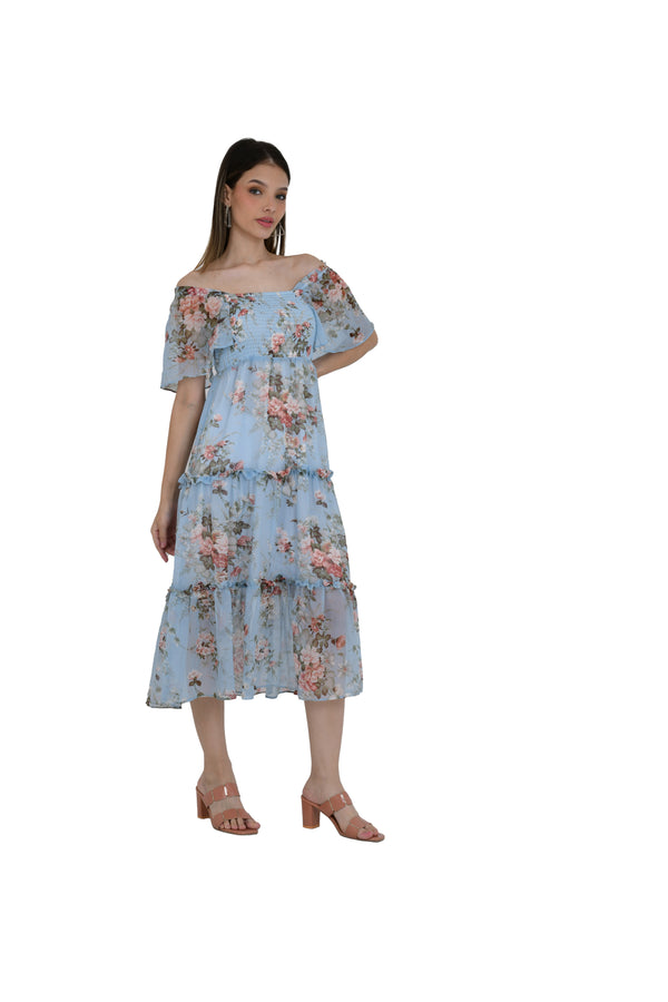 PRINTED LONG ICE BLUE TUNIC DRESS