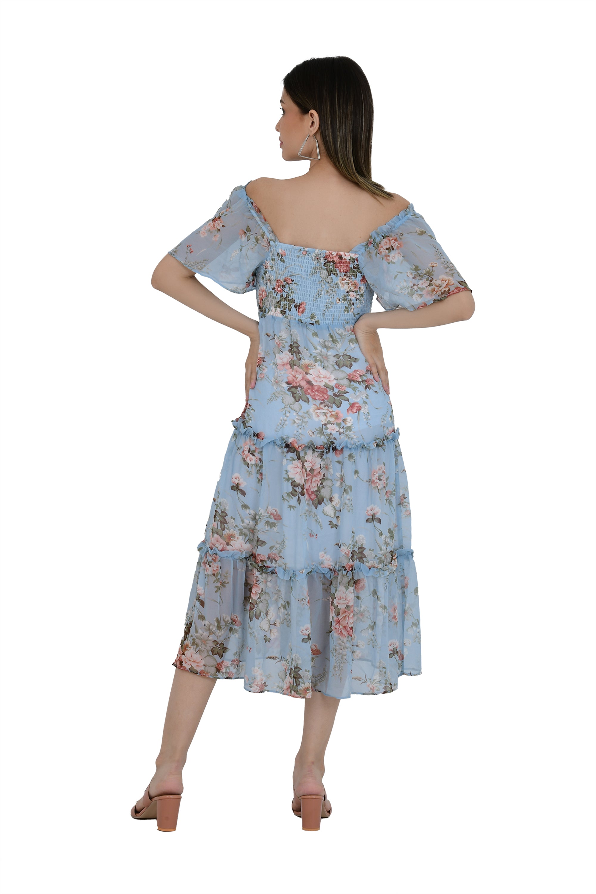 PRINTED LONG ICE BLUE TUNIC DRESS