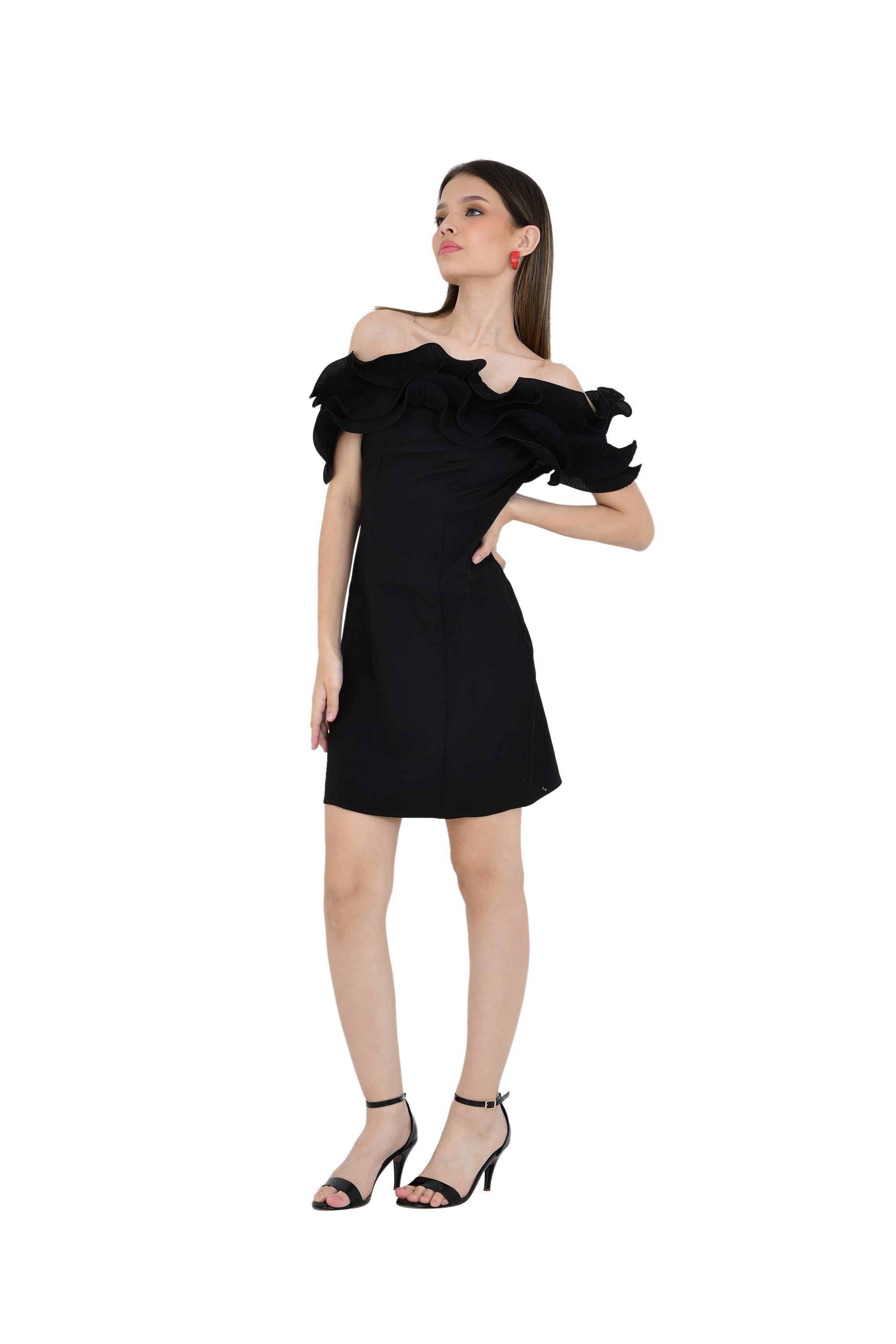 BLACK RUFFLE STYLE NECKLINE STRAIGHT DRESS