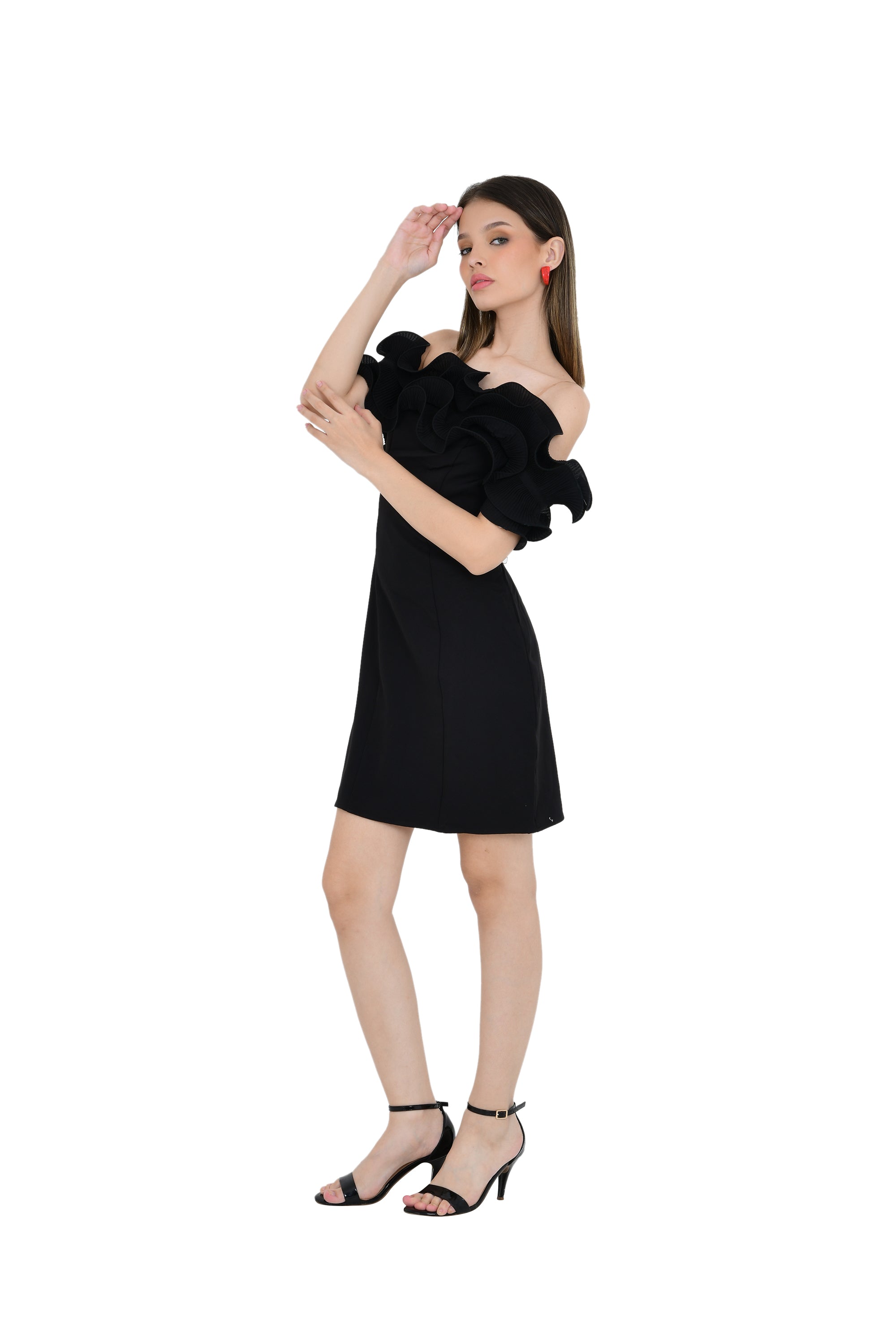 BLACK RUFFLE STYLE NECKLINE STRAIGHT DRESS