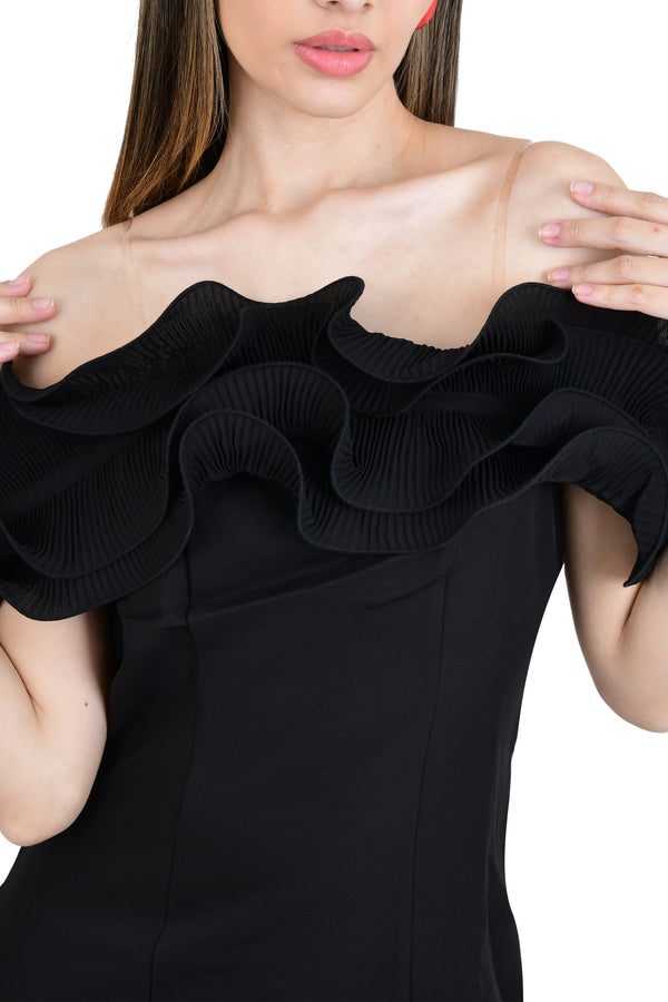 BLACK RUFFLE STYLE NECKLINE STRAIGHT DRESS