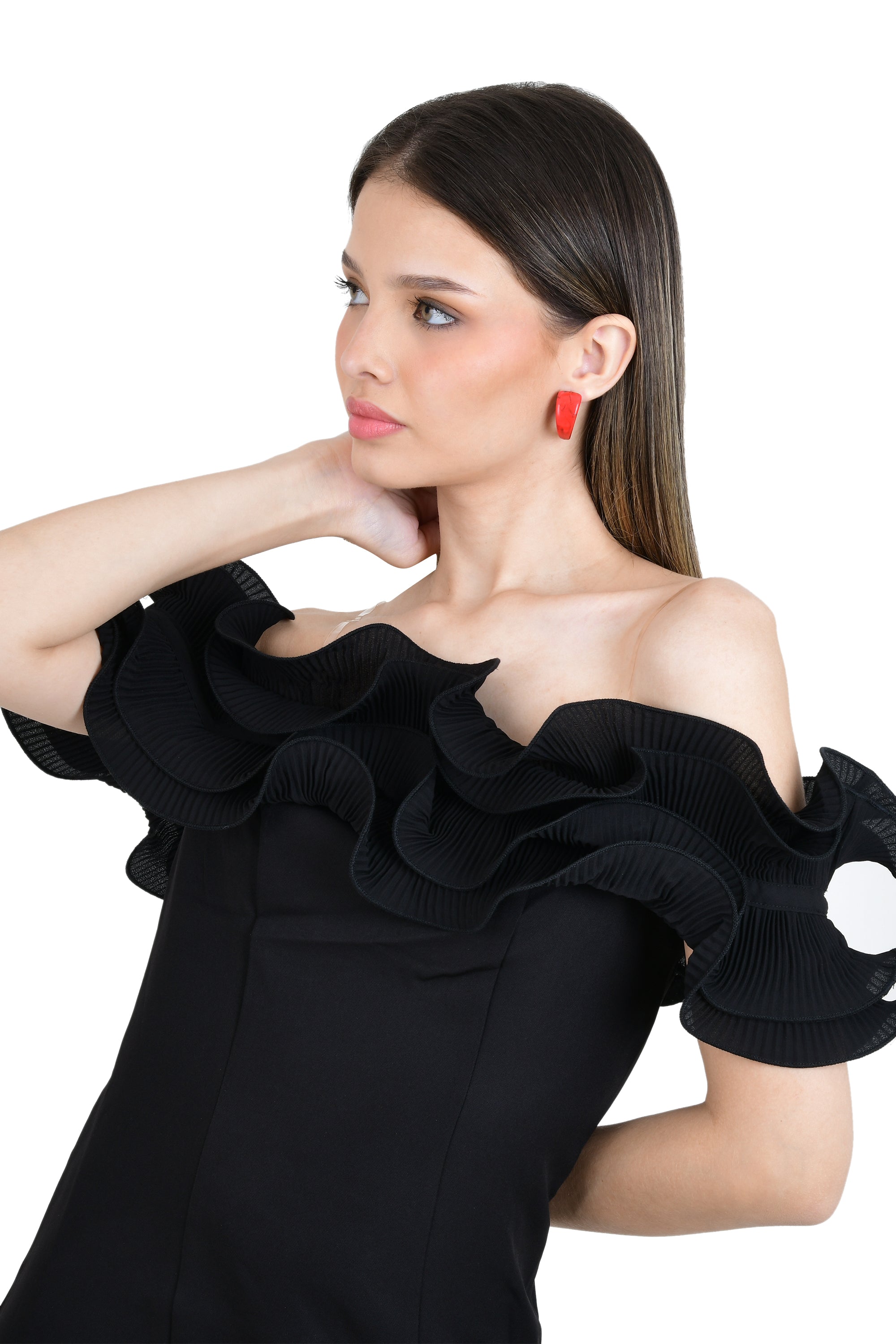 BLACK RUFFLE STYLE NECKLINE STRAIGHT DRESS
