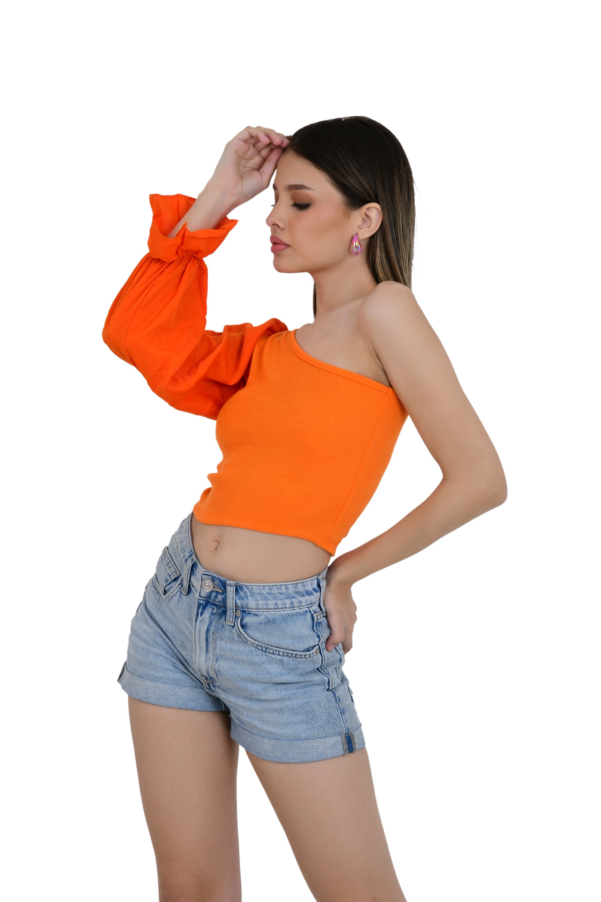 ONE OFF SHOULDER CROP TOP WITH FLAIR SLEEVES