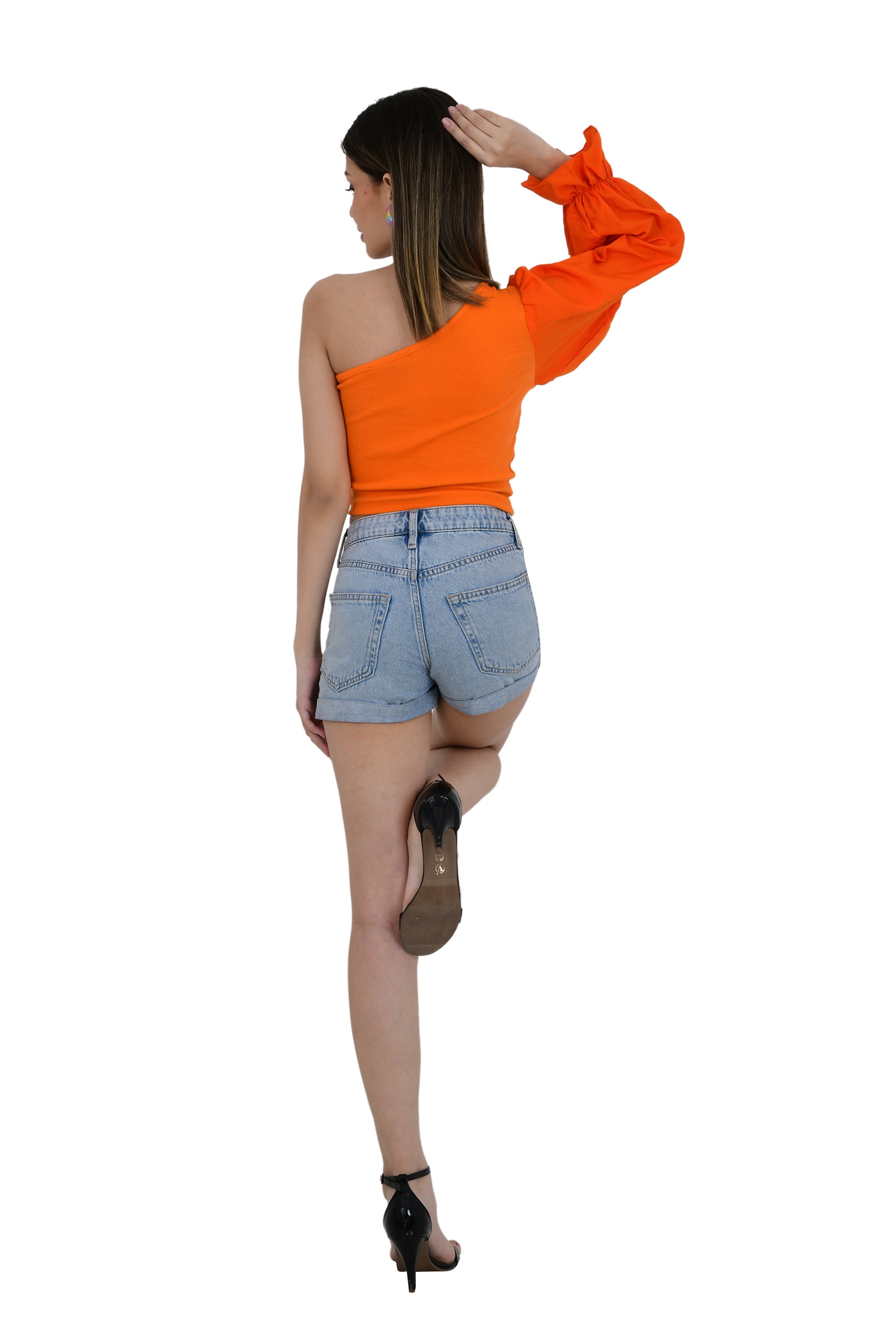 ONE OFF SHOULDER CROP TOP WITH FLAIR SLEEVES
