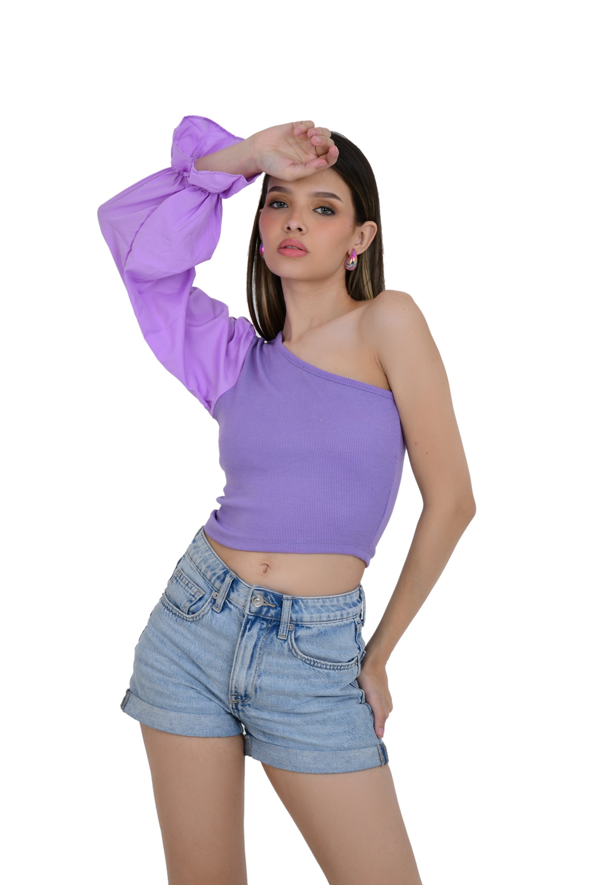 ONE OFF SHOULDER CROP TOP WITH FLAIR SLEEVES