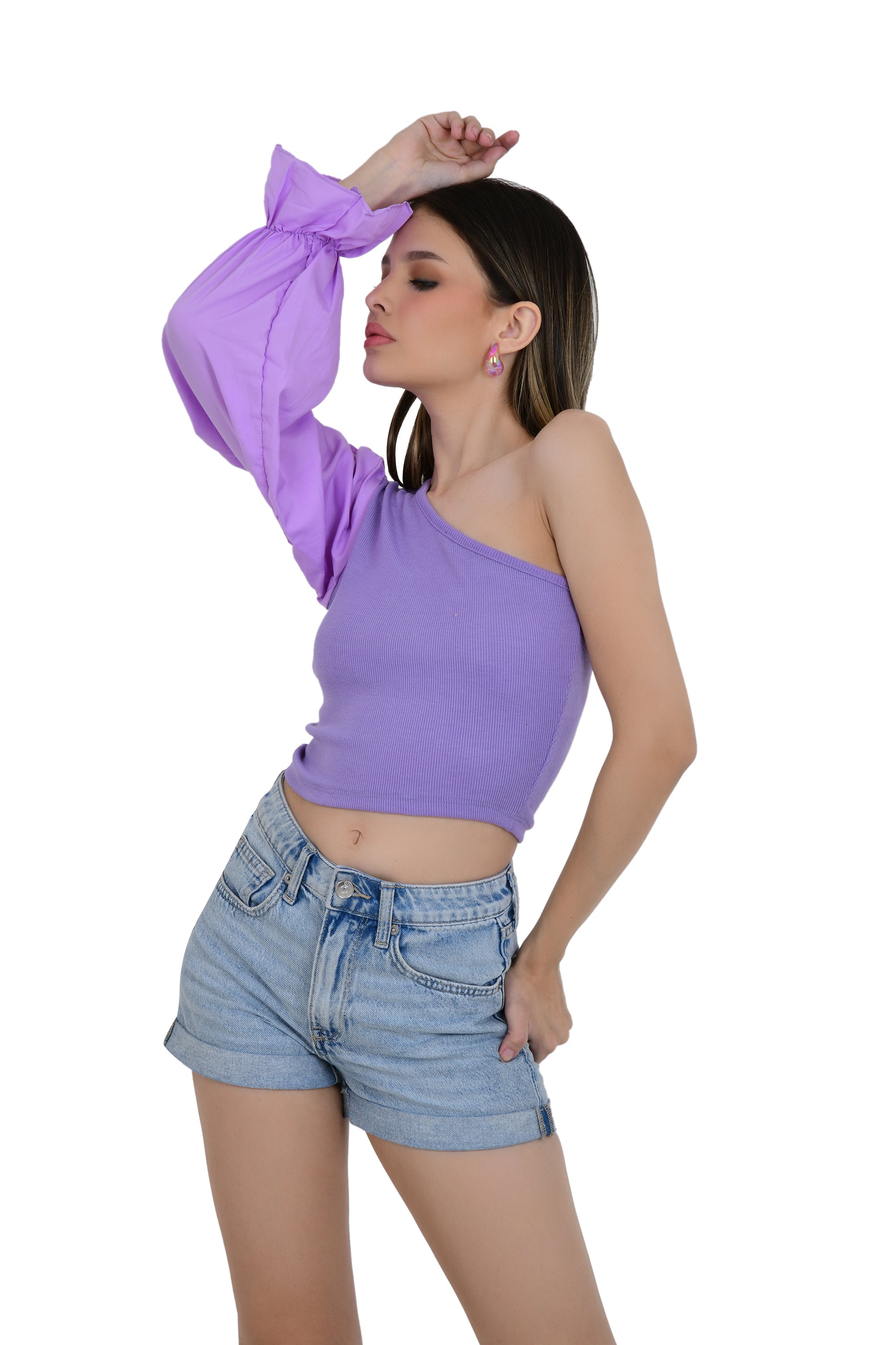 ONE OFF SHOULDER CROP TOP WITH FLAIR SLEEVES