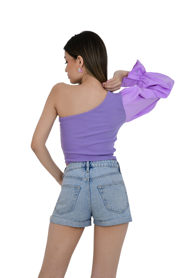 ONE OFF SHOULDER CROP TOP WITH FLAIR SLEEVES