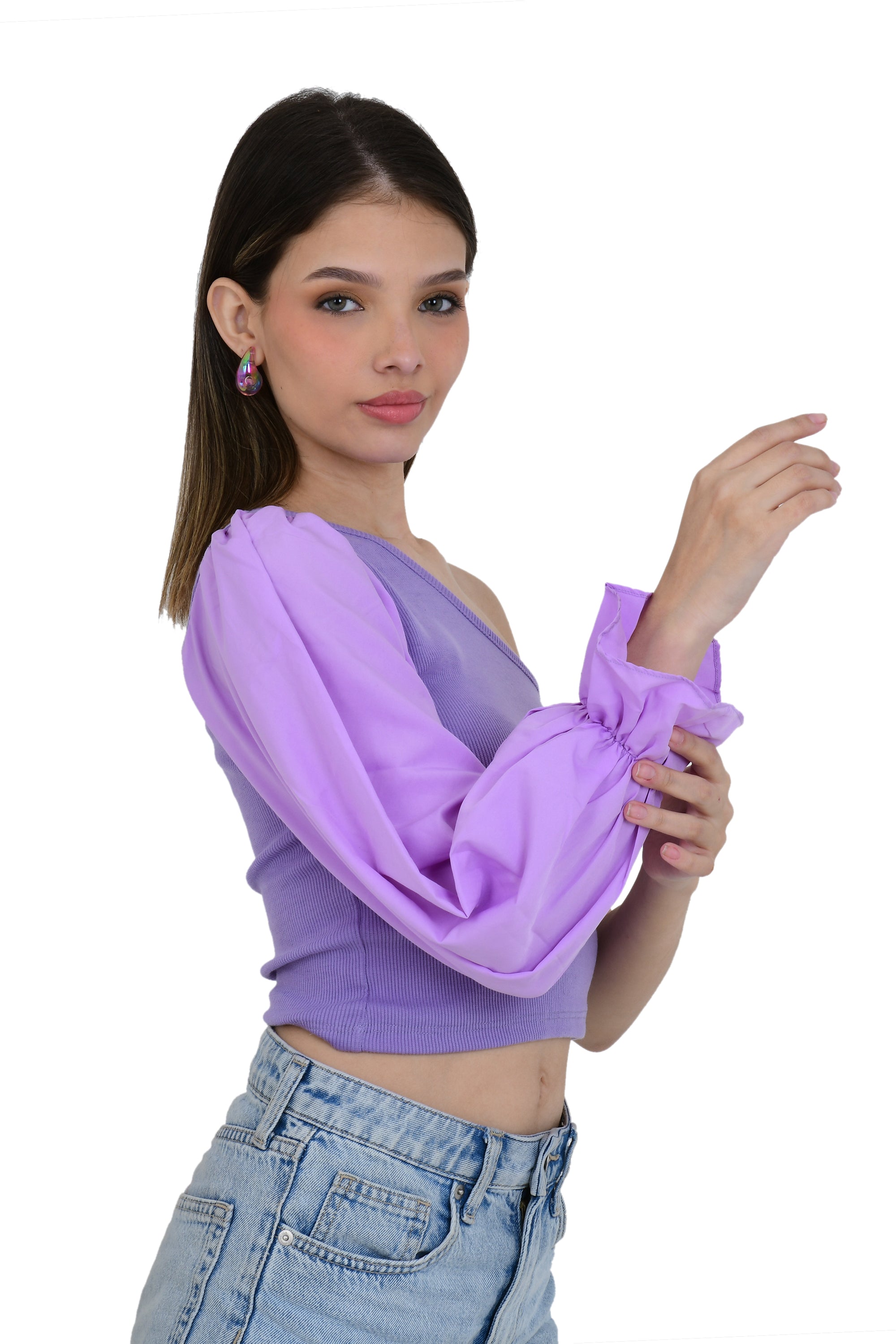 ONE OFF SHOULDER CROP TOP WITH FLAIR SLEEVES