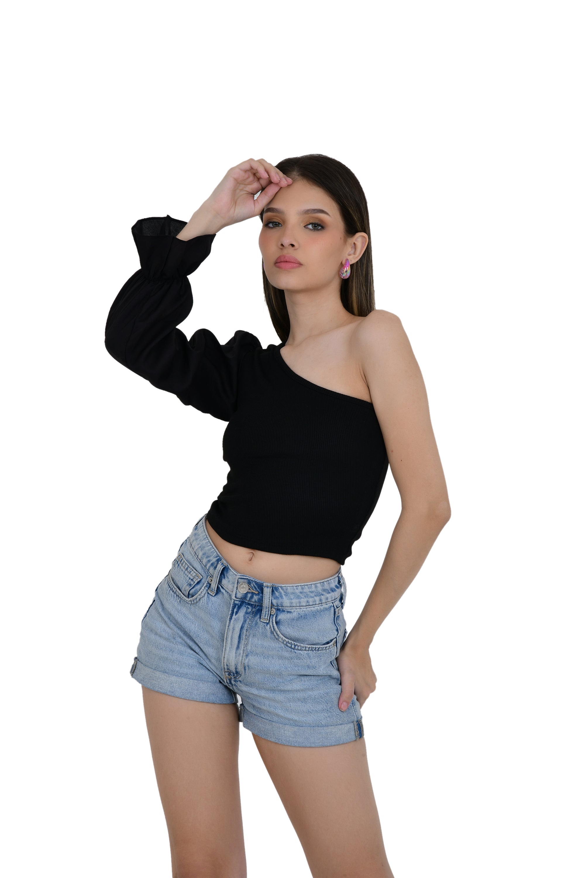 ONE OFF SHOULDER CROP TOP WITH FLAIR SLEEVES