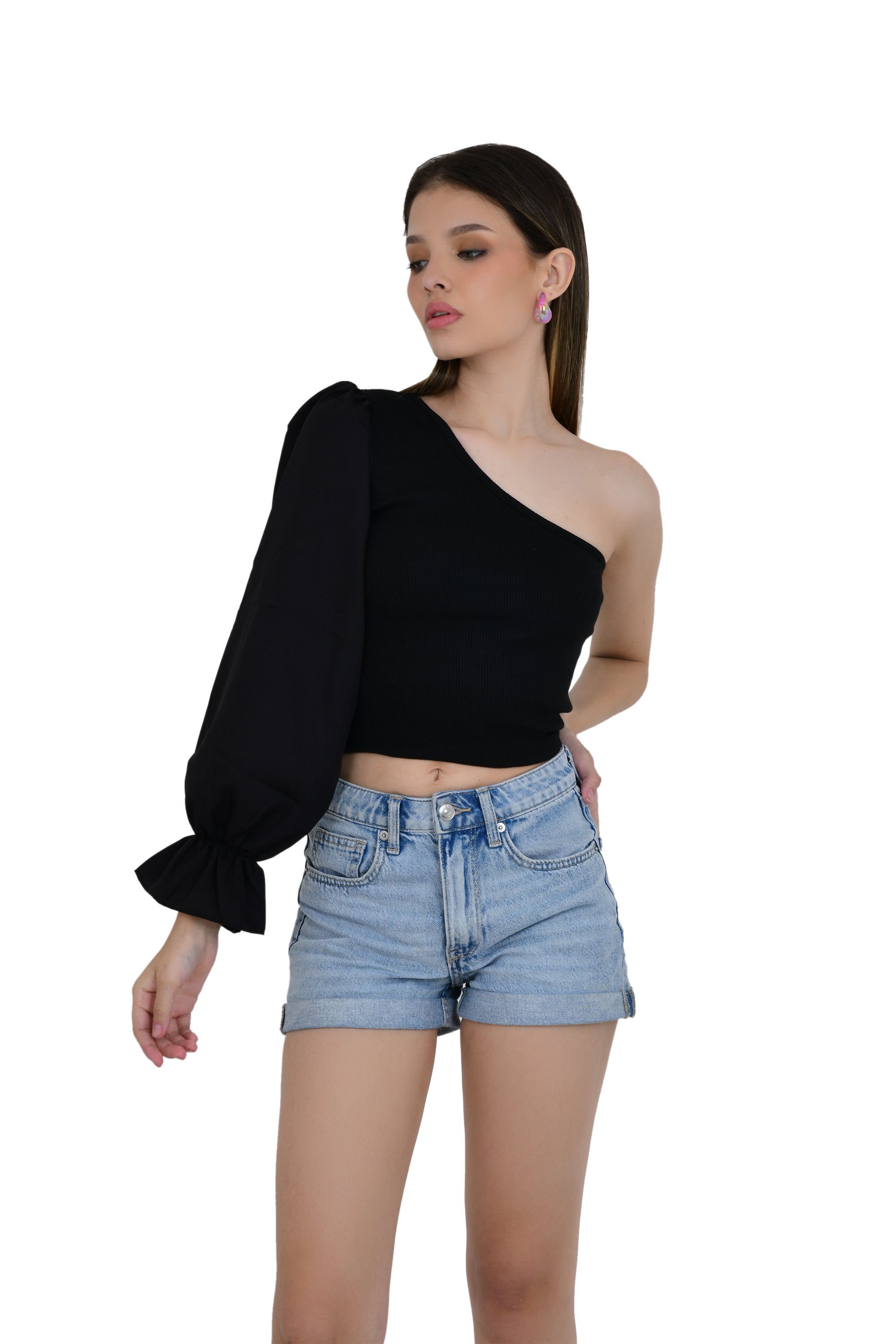 ONE OFF SHOULDER CROP TOP WITH FLAIR SLEEVES