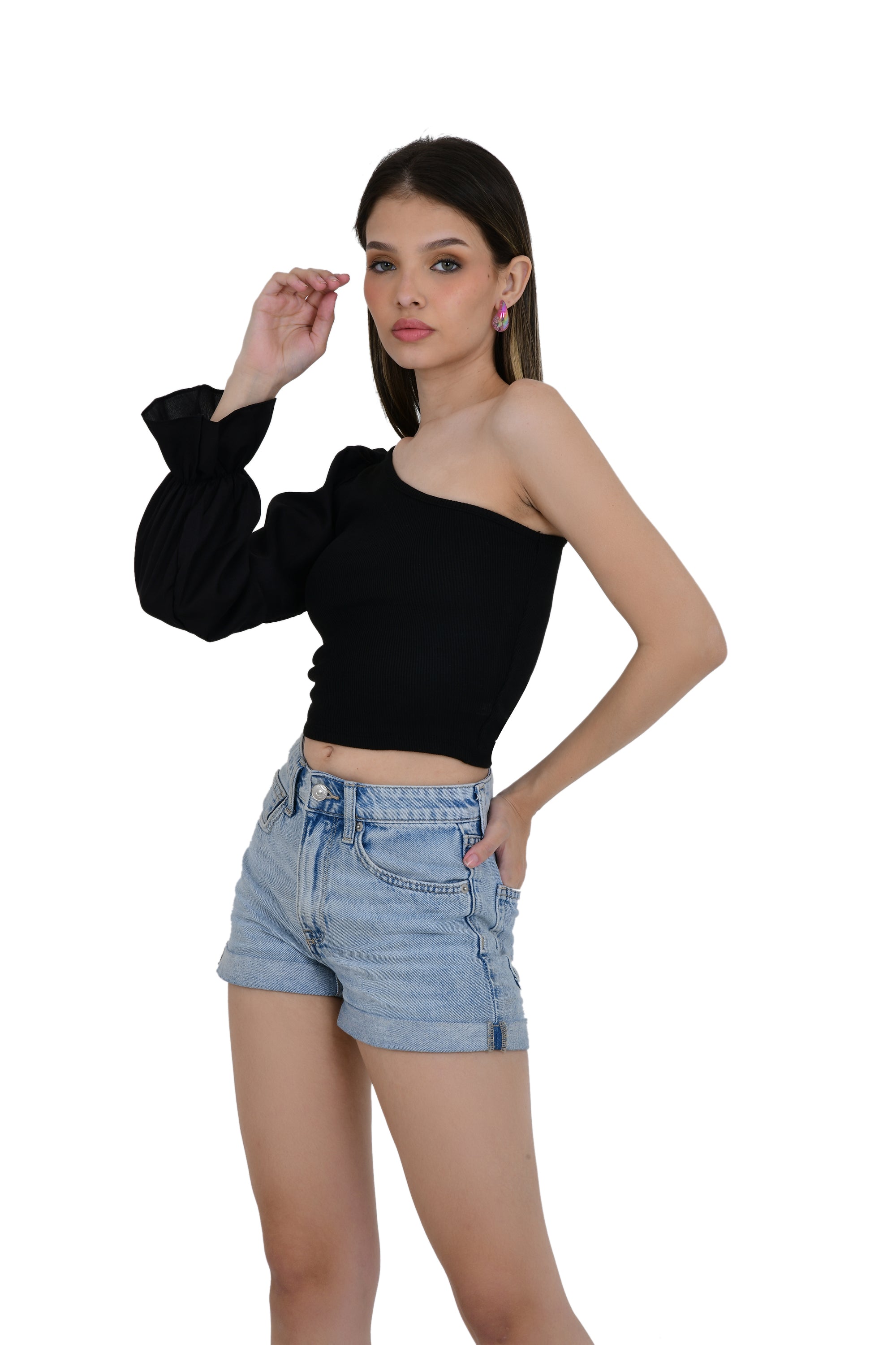 ONE OFF SHOULDER CROP TOP WITH FLAIR SLEEVES