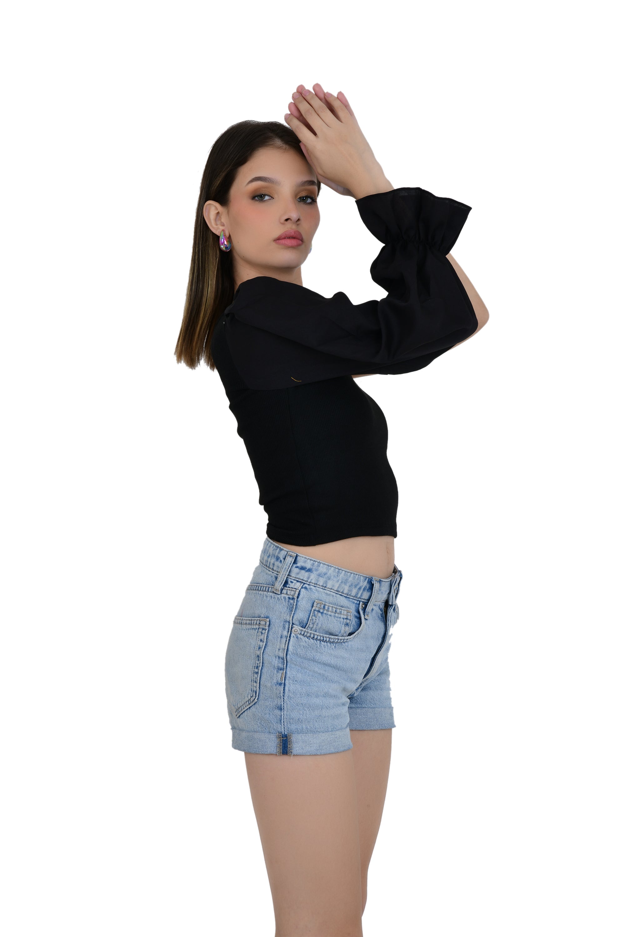 ONE OFF SHOULDER CROP TOP WITH FLAIR SLEEVES