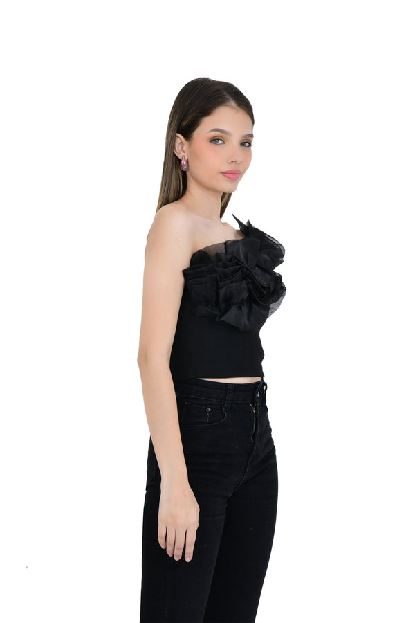 COTTON TOP WITH ORGANZA RUFFLE NECKLINE