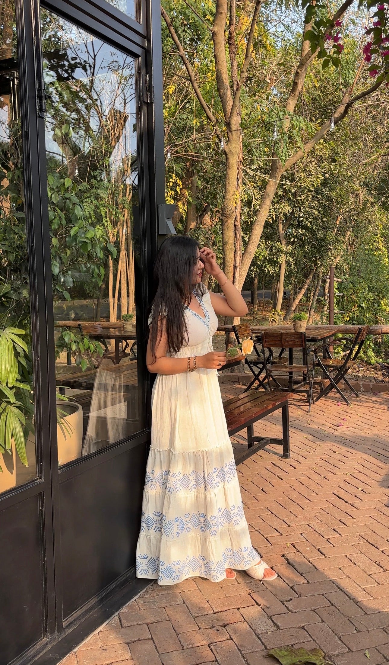 Printed Off-White Linen Dress with Smocked Waist and V-Neck – Linen Cotton Summer Long Dress