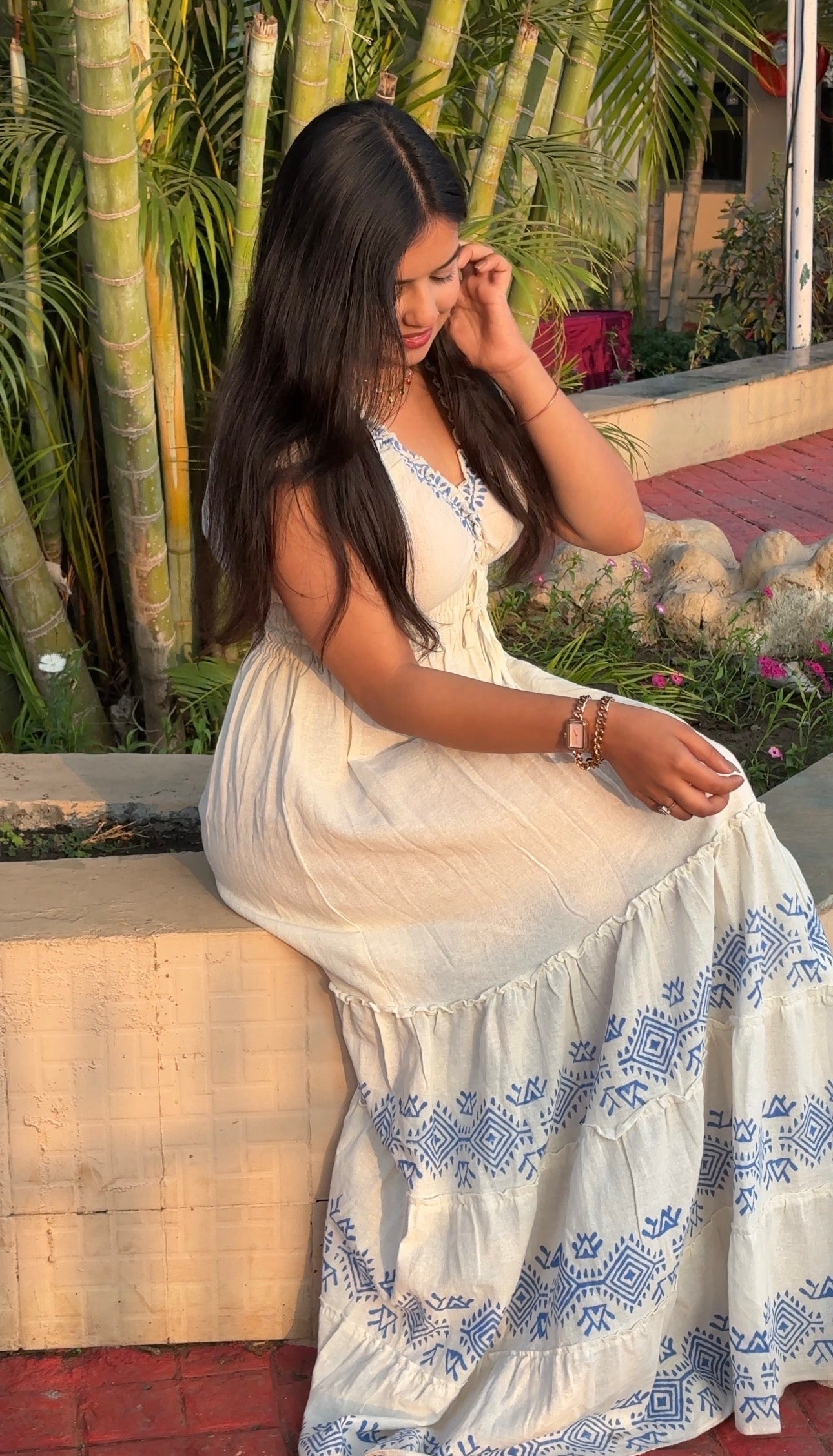 Printed Off-White Linen Dress with Smocked Waist and V-Neck – Linen Cotton Summer Long Dress
