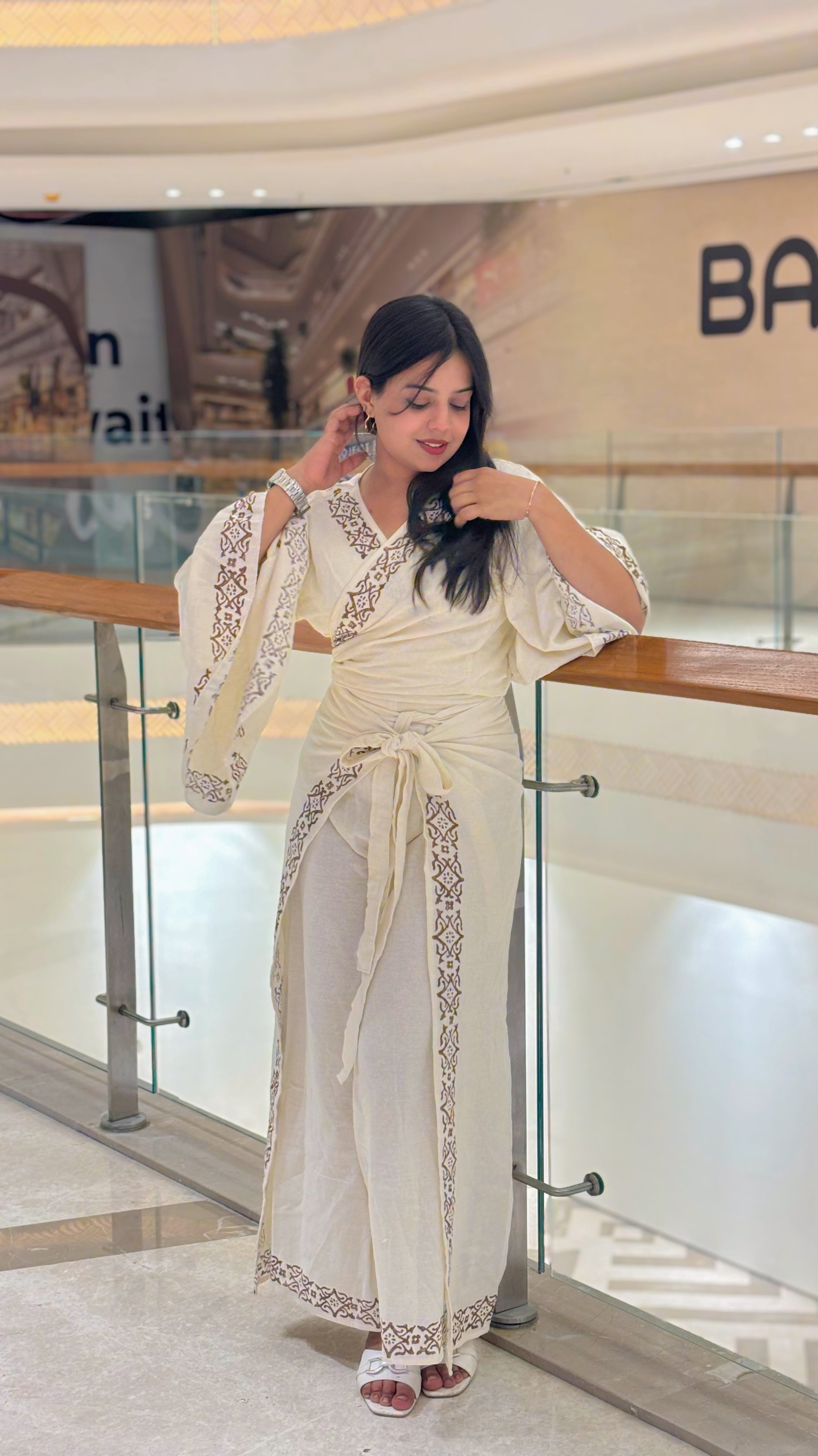Ivory Handblock Wrap Co-ord Set with Embroidered Borders