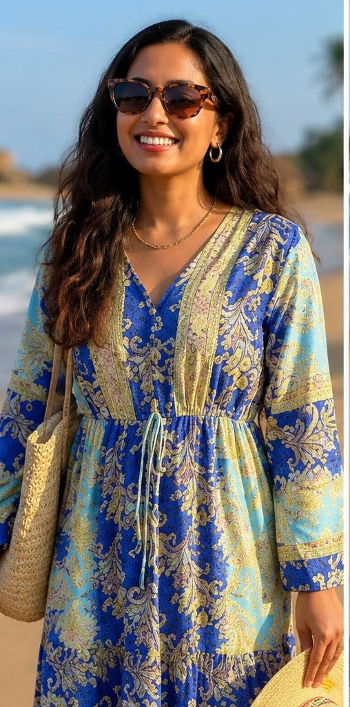 Ocean Blue Flowy Boho Dress for Women