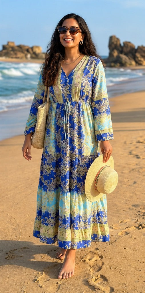 Ocean Blue Flowy Boho Dress for Women