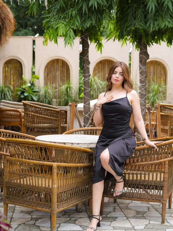 STRAPY BLACK SATIN DRAPE SLIT MIDI DRESS